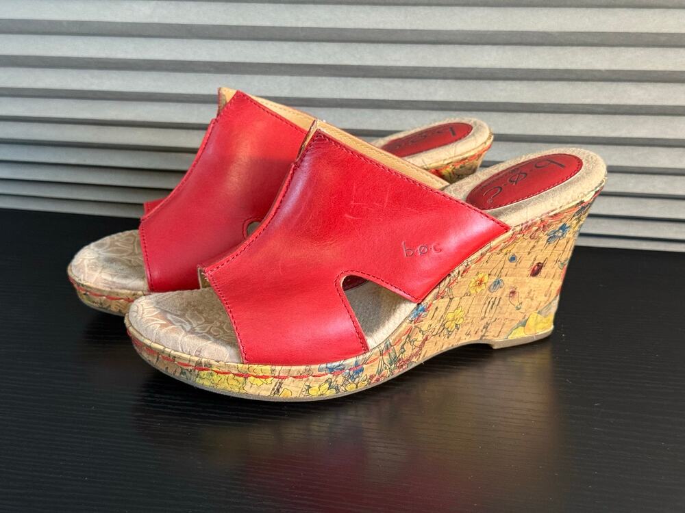 b.o.c. Born Concept Red Leather Floral Cork Wedge Sandals Women’s 7M Comfort